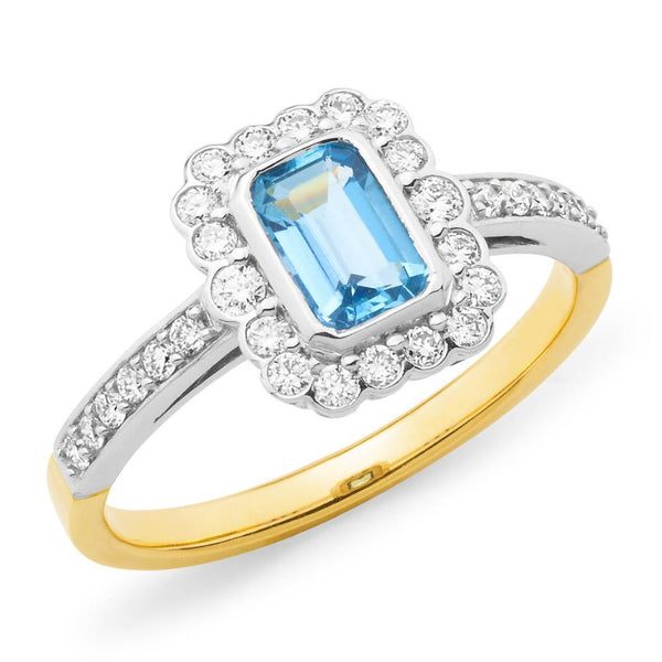 Emerald Cut Aquamarine and Diamond Halo Ring 9ct Yellow & White Gold