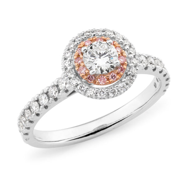 PINK CAVIAR 0.73ct White Round Brilliant & Pink Diamond Halo Engagement Ring in 18ct White Gold