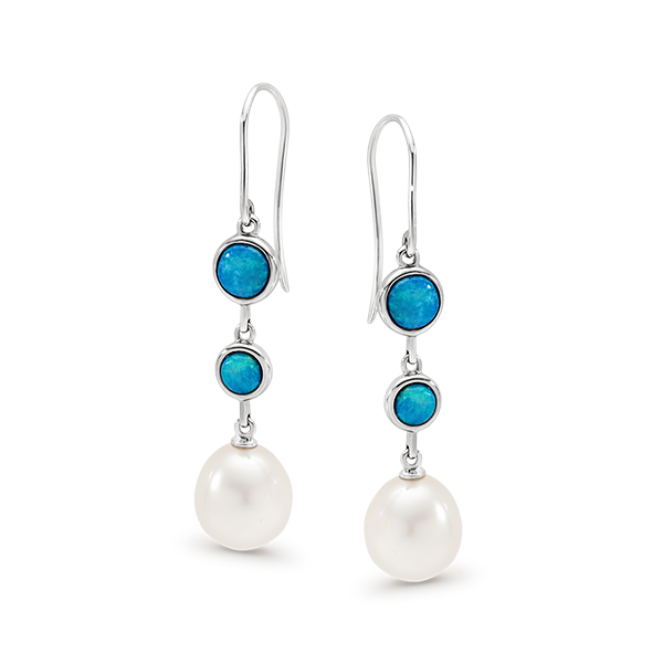 Sterling Silver Light Solid Opal with Freshwater Pearl Hook Earrings