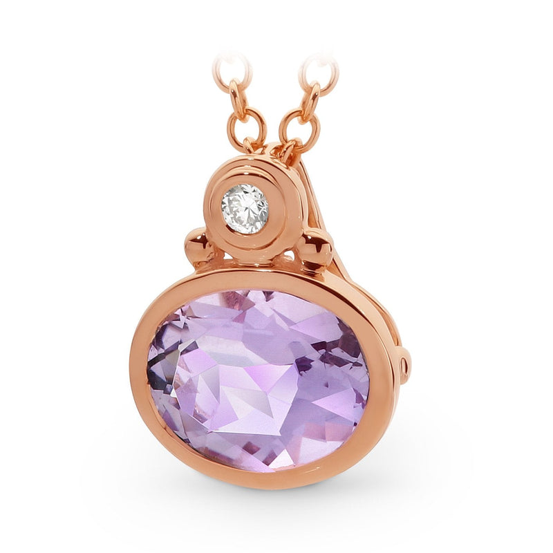 Pink Amethyst & Diamond Bezel Set Pendant in 9ct Rose Gold