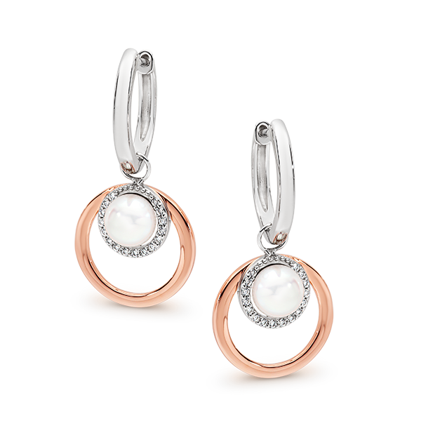 Sterling Silver & Rose Gold Plated Freshwater Pearl Cubic Zirconia Huggie Earrings