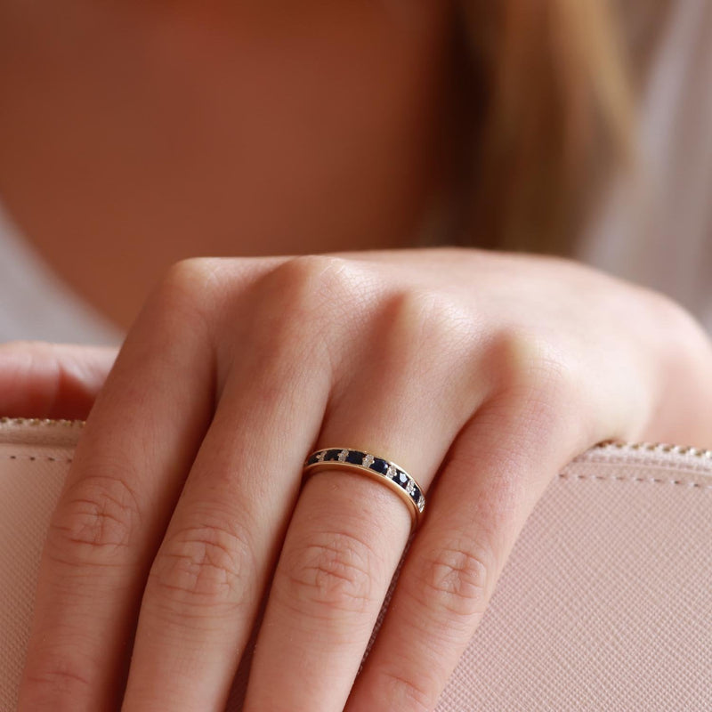 Sapphire Band Ring with 0.1ct Diamonds in 9K Yellow Gold